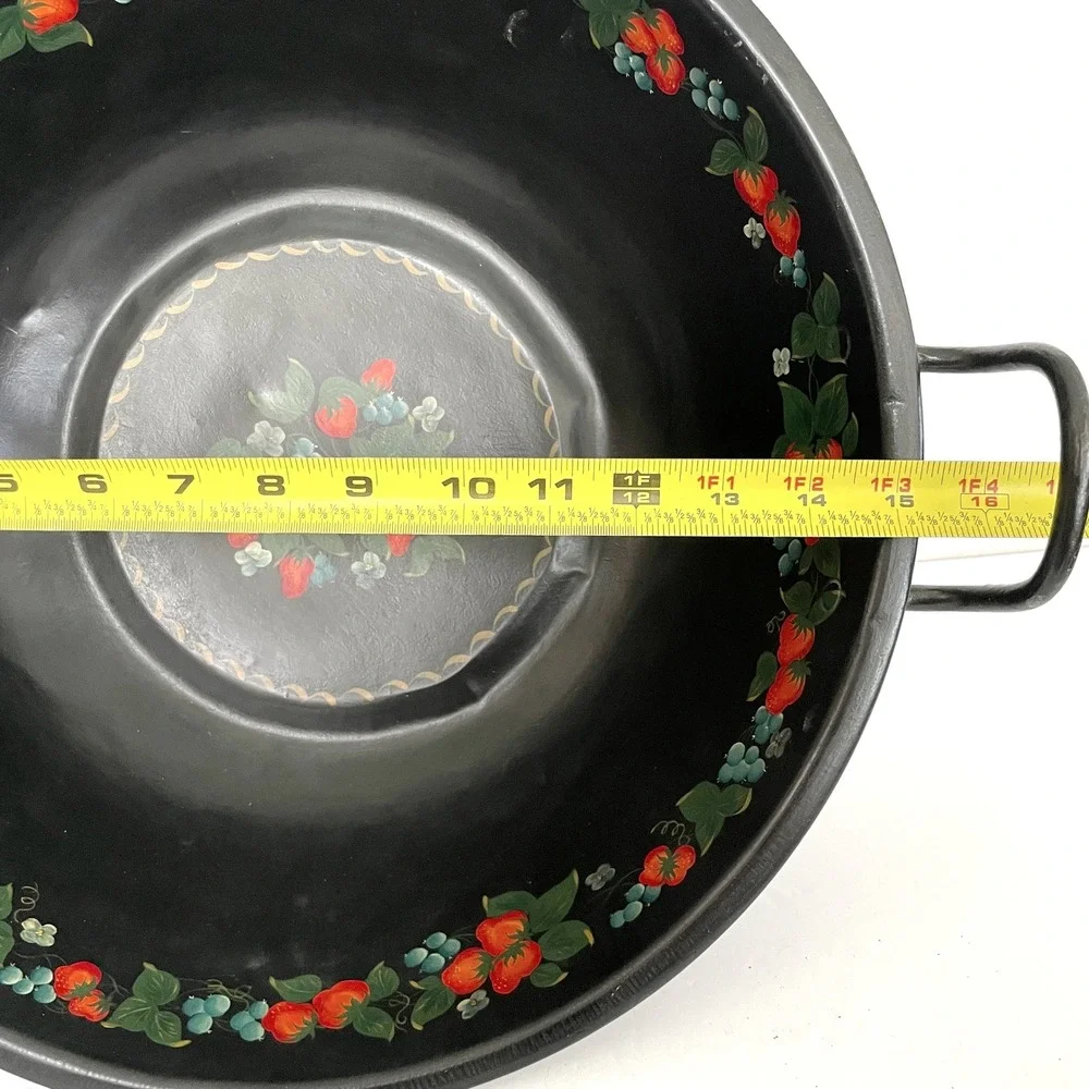 Vintage Hand Painted Toleware Metal Bowl Strawberry Blueberry Footed Basin 14.5